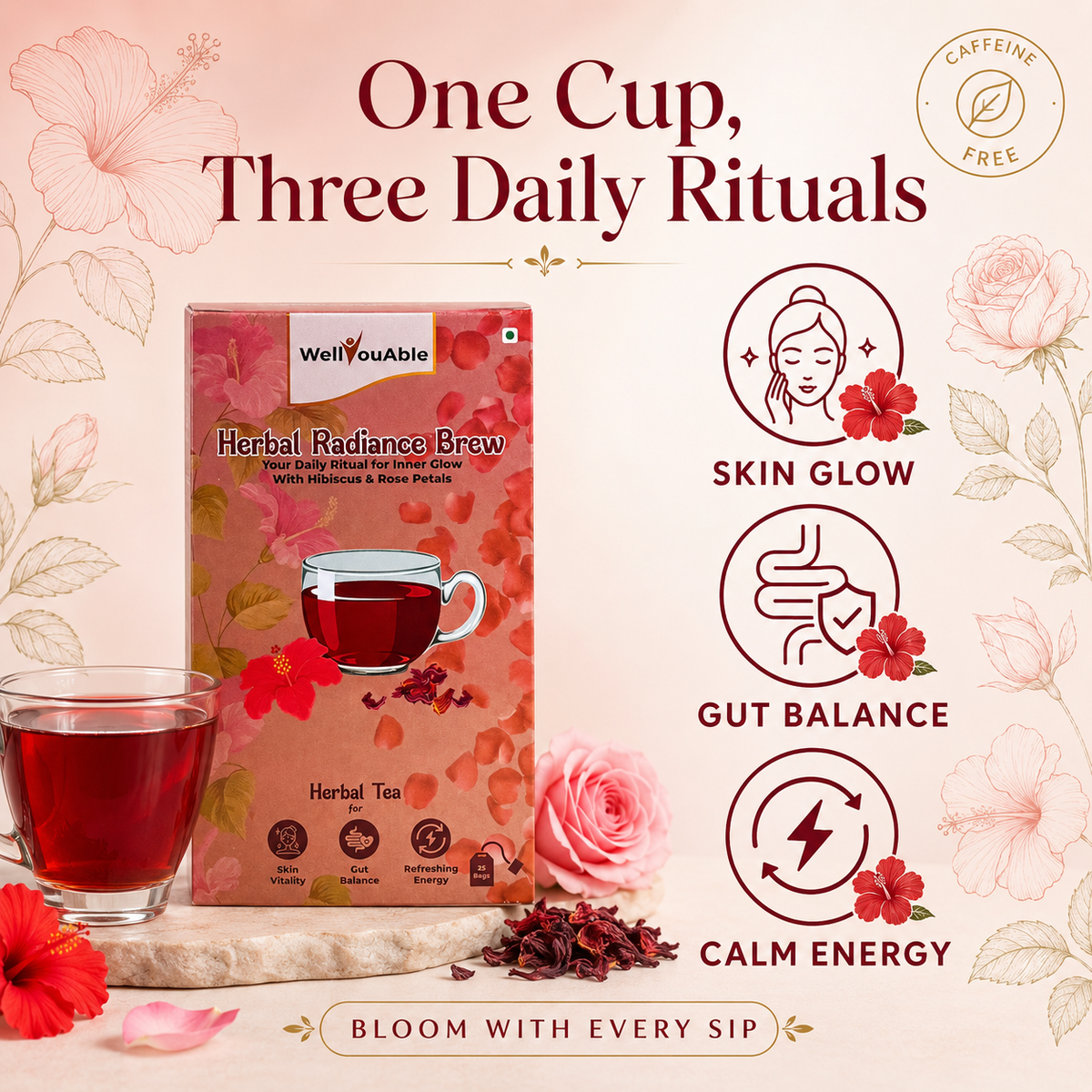 Herbal Radiance Brew| Antioxidant and Hydration Boosting Herbal Tea for Glowing skin| 25 Pyramid Tea Bags